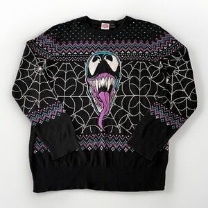Marvel Venom Sweater Medium Black‎ Multi-Color Spiderweb Hearts Comic Pullover